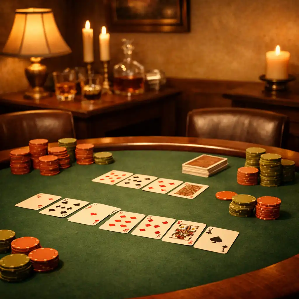 Elegancki stół pokerowy w ciepłym świetle, z rozłożonymi kartami i żetonami w kolorach terakoty i oliwki