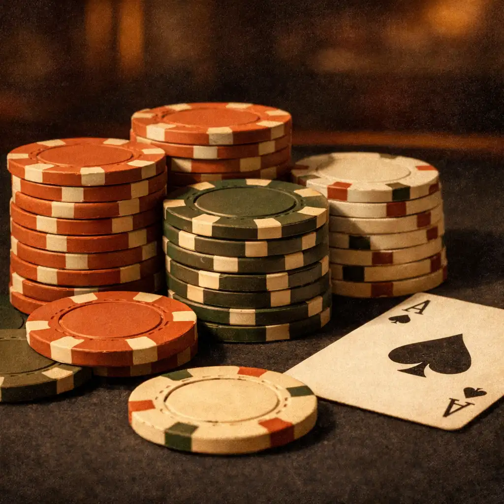 Zbliżenie na żetony pokerowe w kolorach terakoty, oliwki i kremu, rozłożone na ciemnym filcu