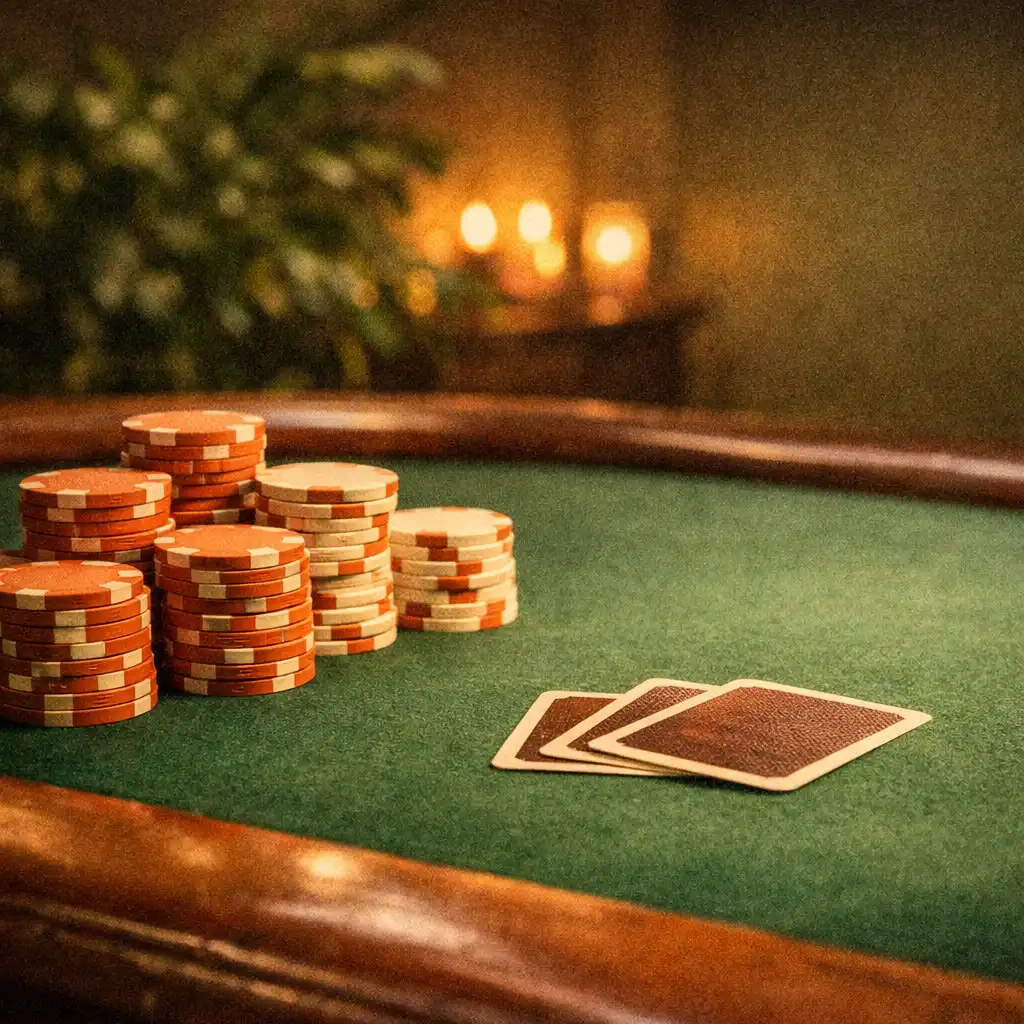 Elegancki stół pokerowy w ciepłym, świeczkowym świetle, z żetonami i kartami na zielonym suknie