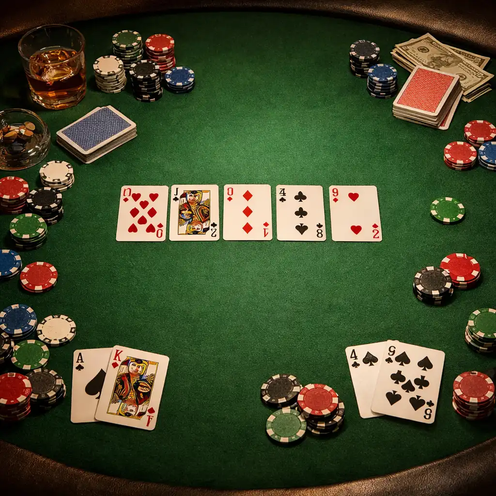 Widok z góry na stół pokerowy z zielonym suknem, rozrzuconymi żetonami i kartami do gry