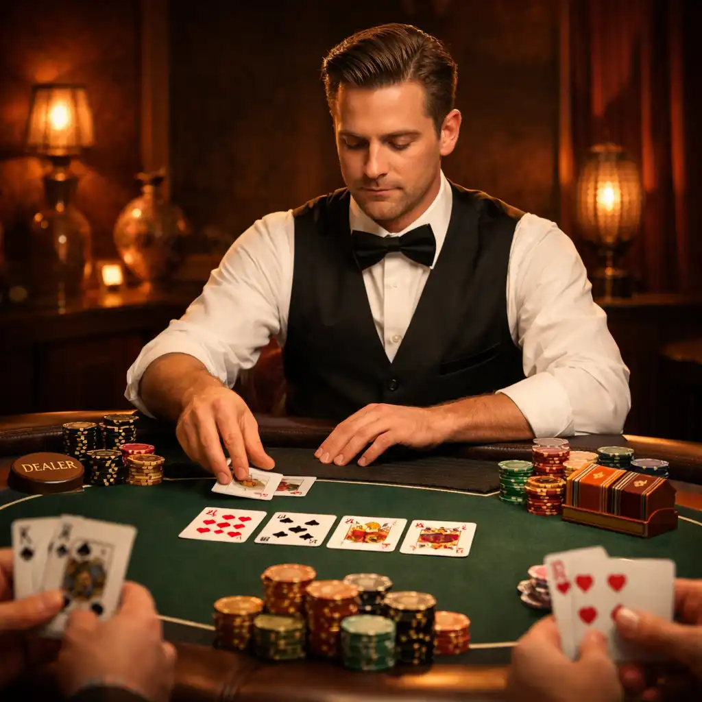 Stół pokerowy z profesjonalnym krupierem, kartami i żetonami