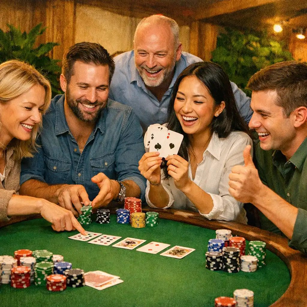 Grupa ludzi przy stole pokerowym podczas team buildingu