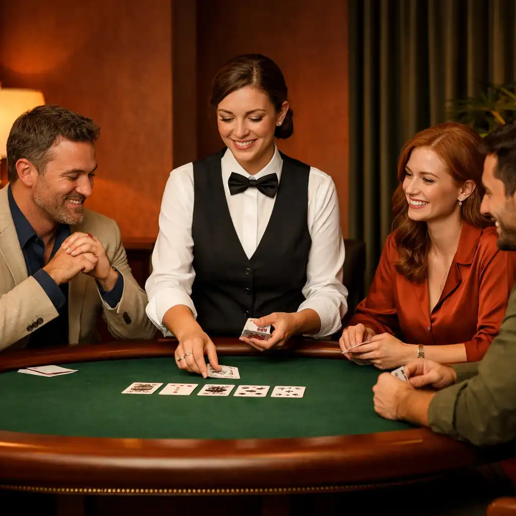 Elegancki stół pokerowy z profesjonalnym krupierem i graczami w biznesowym stroju