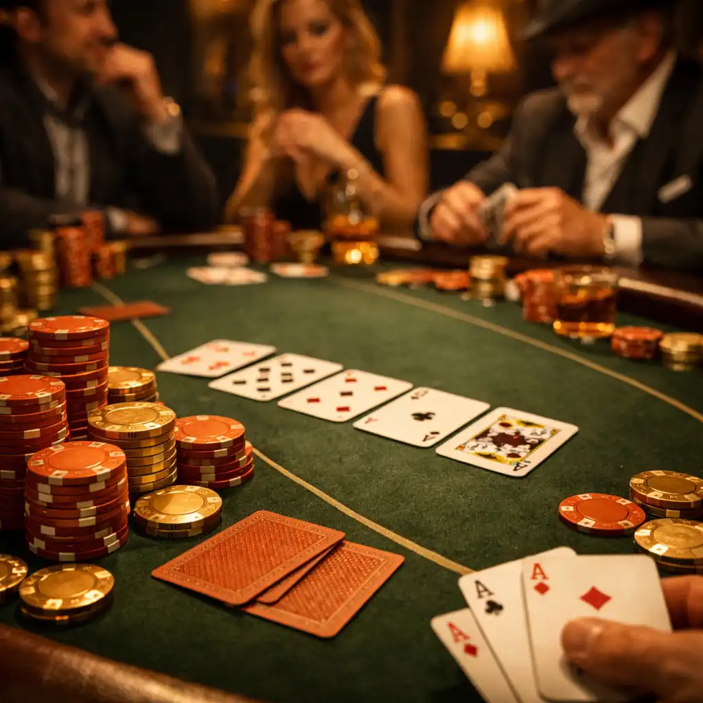Stół do pokera z kartami i żetonami podczas urodzinowego wieczoru pokerowego