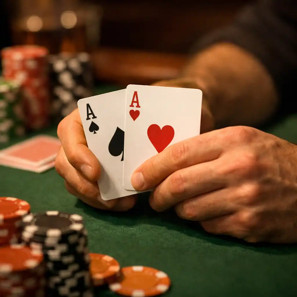 Zbliżenie na ręce gracza trzymającego karty podczas wieczoru pokerowego